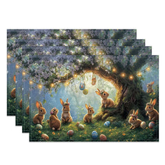 Aperturee - Aperturee Purple Blossom Bunny Set of 4 Placemats Spring Floral Tree Easter Holiday Table Mats Decor