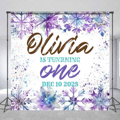 Aperturee - Aperturee Purple Blue Snowflake Custom 1st Birthday Backdrop