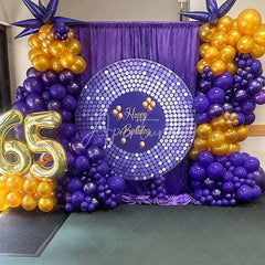 Aperturee - Aperturee Purple Disco Round Backdrop Glittery Sequin Spots Gold Balloons Background Circle Cover for Birthday Party Decoration