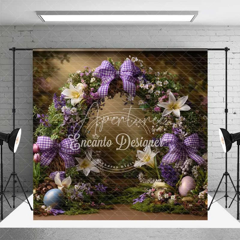 Aperturee - Aperturee Purple Floral Arch Easter Room Set Backdrop Plaid Bows and Giant Eggs Spring Photography Studio Background