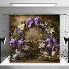 Aperturee - Aperturee Purple Floral Arch Easter Room Set Backdrop Plaid Bows and Giant Eggs Spring Photography Studio Background