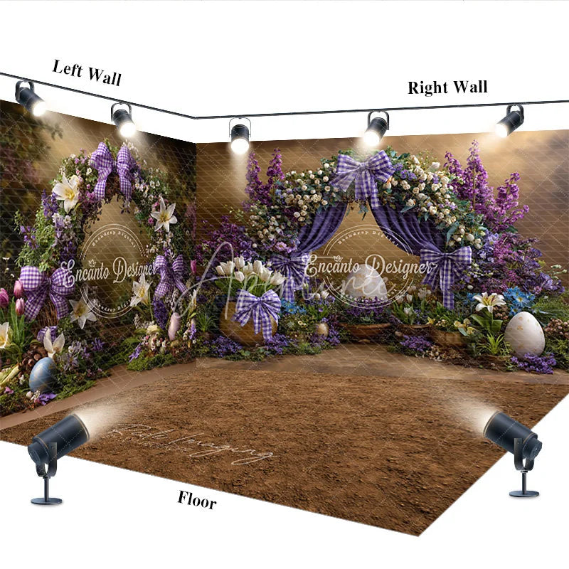 Aperturee - Aperturee Purple Floral Arch Easter Room Set Backdrop Plaid Bows and Giant Eggs Spring Photography Studio Background