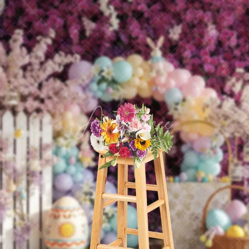 Aperturee - Aperturee Purple Floral Easter Backdrop Spring Garden Balloon Arch Bunny Photography Background Holiday Party Decoration