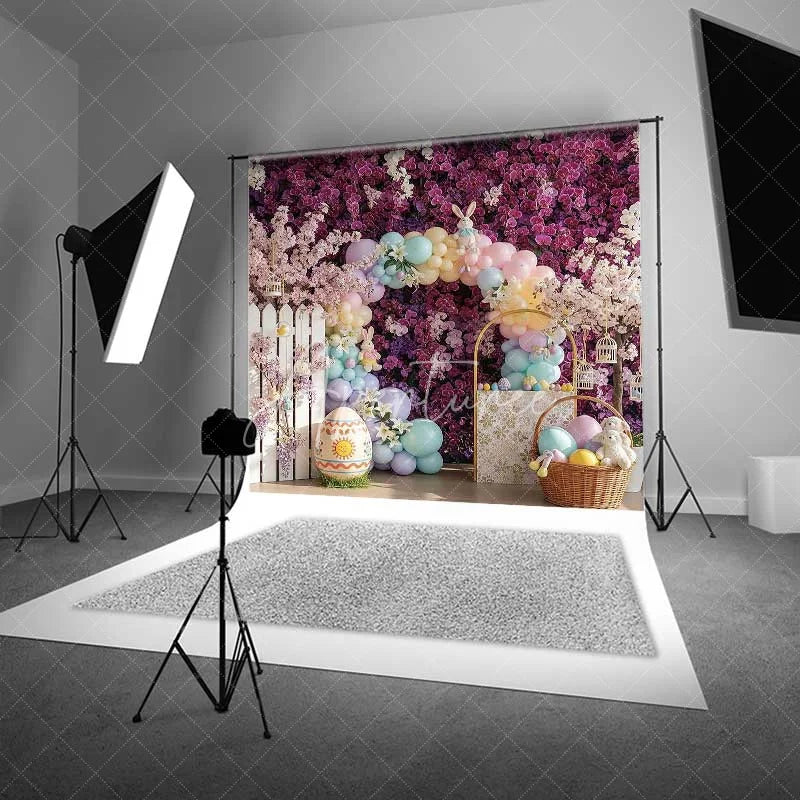 Aperturee - Aperturee Purple Floral Easter Backdrop Spring Garden Balloon Arch Bunny Photography Background Holiday Party Decoration