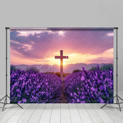Aperturee - Aperturee Purple Floral Field Sunset Sky Cross Easter Backdrop