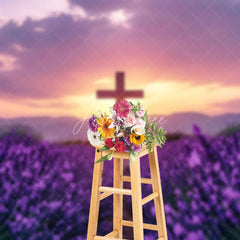 Aperturee - Aperturee Purple Floral Field Sunset Sky Cross Easter Backdrop