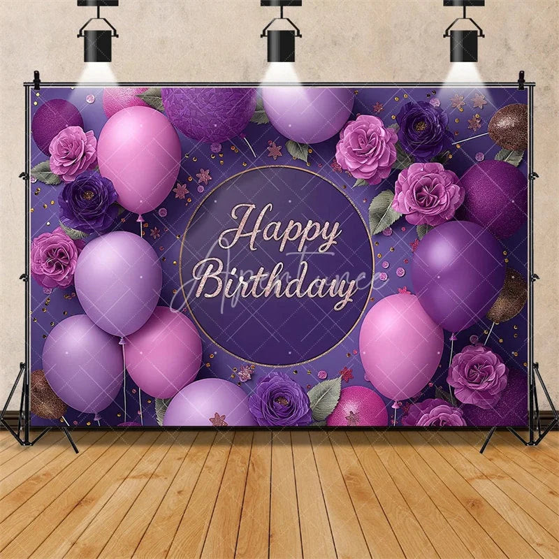 Aperturee - Aperturee Purple Floral Happy Birthday Backdrop for Her Elegant Roses and Balloons Glamorous Women’s Party Photo Booth Decor