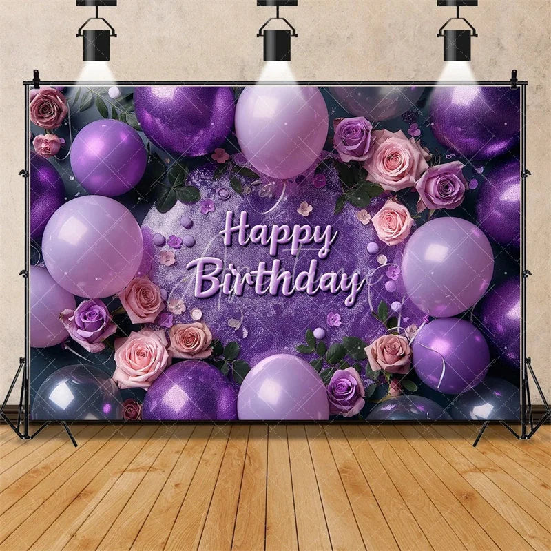 Aperturee - Aperturee Purple Floral Happy Birthday Backdrop for Her Elegant Roses and Balloons Glamorous Women’s Party Photo Booth Decor