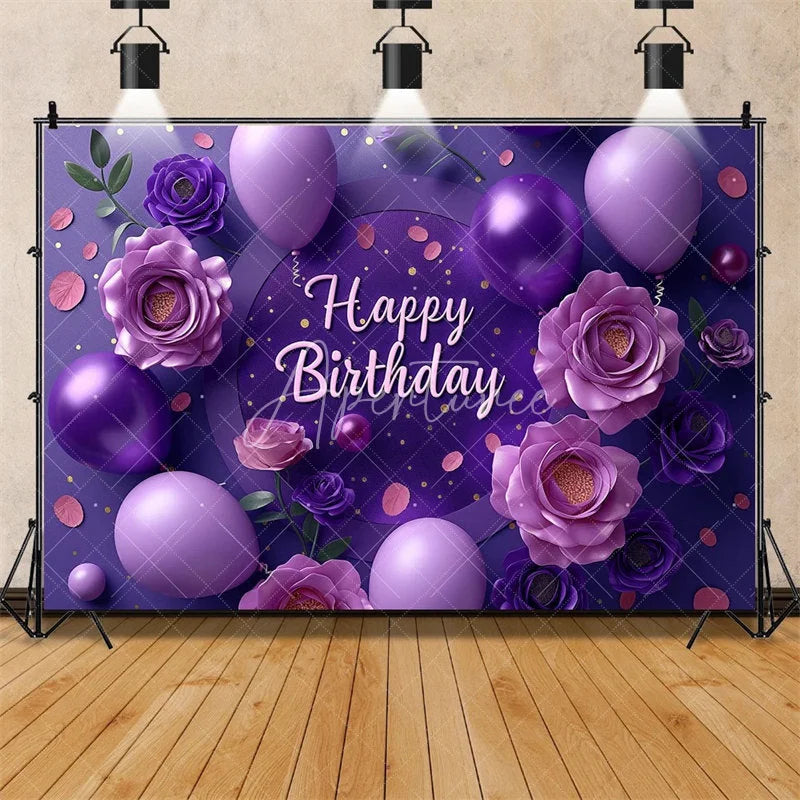 Aperturee - Aperturee Purple Floral Happy Birthday Backdrop for Her Elegant Roses and Balloons Glamorous Women’s Party Photo Booth Decor