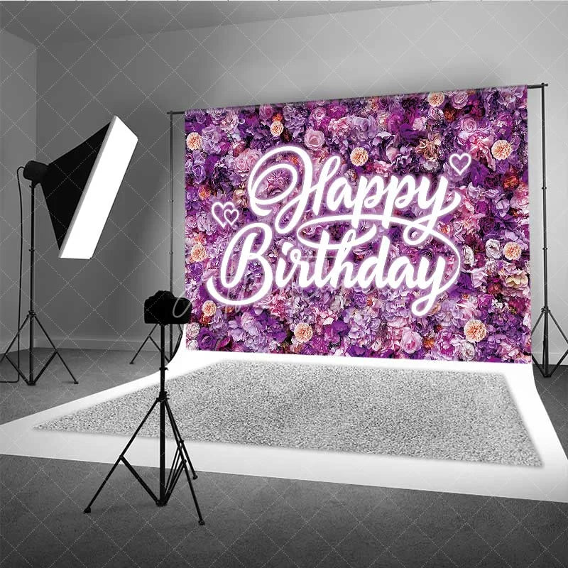 Aperturee - Aperturee Purple Floral Wall Happy Birthday Backdrop Neon Light Style Text Party Decoration