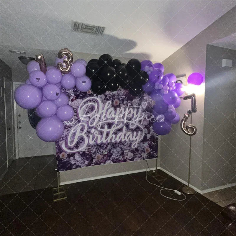 Aperturee - Aperturee Purple Floral Wall Happy Birthday Backdrop Neon Light Style Text Party Decoration