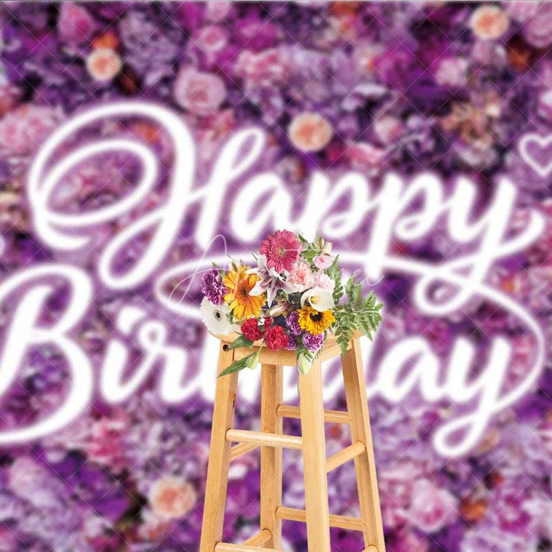 Aperturee - Aperturee Purple Floral Wall Happy Birthday Backdrop Neon Light Style Text Party Decoration