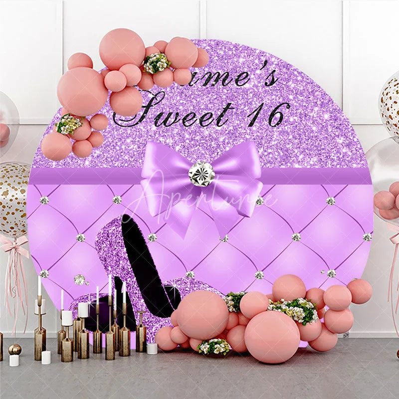 Aperturee - Aperturee Purple Glitter Sweet Sixteen Round Backdrop Elegant High Heels Diamond Bow Quilted Pattern Party