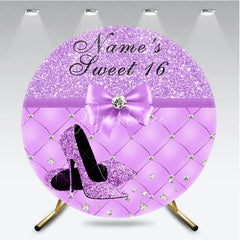 Aperturee - Aperturee Purple Glitter Sweet Sixteen Round Backdrop Elegant High Heels Diamond Bow Quilted Pattern Party