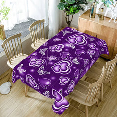 Aperturee - Aperturee Purple Glowing Heart Butterfly Rectangle Tablecloth Neon Light Love Pattern Romantic Fantasy Dining Decor