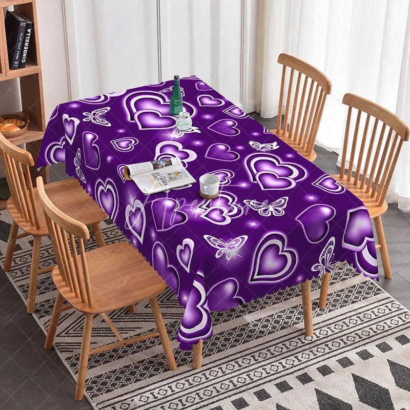 Aperturee - Aperturee Purple Glowing Heart Butterfly Rectangle Tablecloth Neon Light Love Pattern Romantic Fantasy Dining Decor