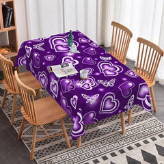 Aperturee - Aperturee Purple Glowing Heart Butterfly Rectangle Tablecloth Neon Light Love Pattern Romantic Fantasy Dining Decor
