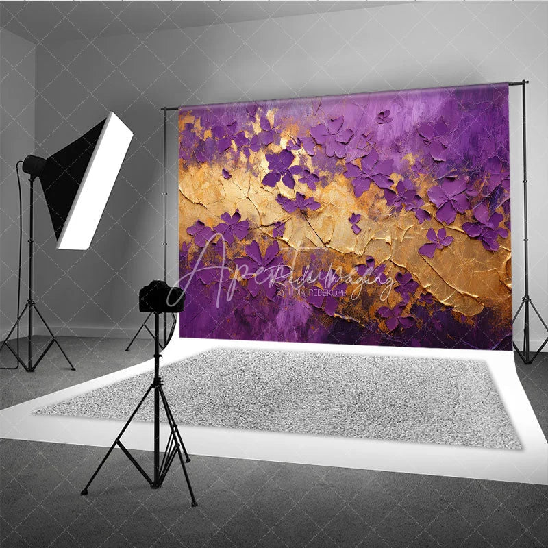 Aperturee - Aperturee Purple Gold Floral Texture Backdrop Abstract Violet Flowers Gold Leaf Background Luxury Photography Banner