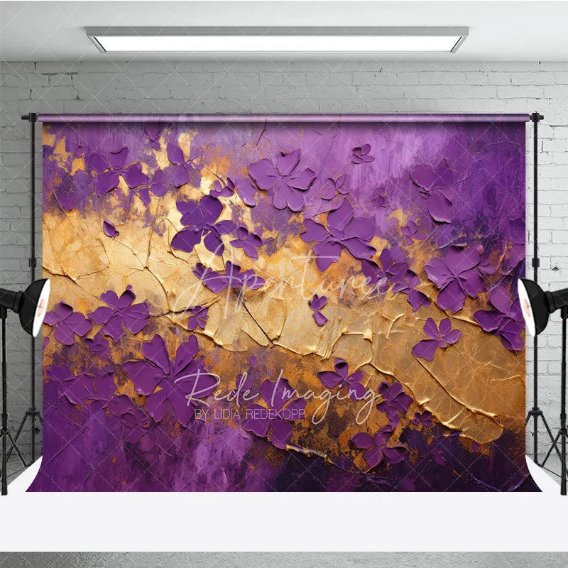 Aperturee - Aperturee Purple Gold Floral Texture Backdrop Abstract Violet Flowers Gold Leaf Background Luxury Photography Banner