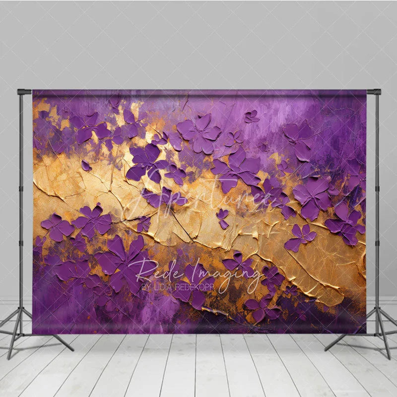 Aperturee - Aperturee Purple Gold Floral Texture Backdrop Abstract Violet Flowers Gold Leaf Background Luxury Photography Banner