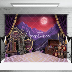 Aperturee - Aperturee Purple Gothic Castle Full Moon Photography Backdrop Vampire Halloween Party Decor with Bats and Treasure Chest