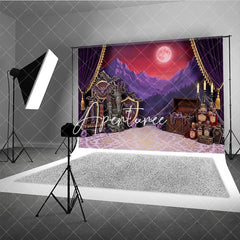 Aperturee - Aperturee Purple Gothic Castle Full Moon Photography Backdrop Vampire Halloween Party Decor with Bats and Treasure Chest