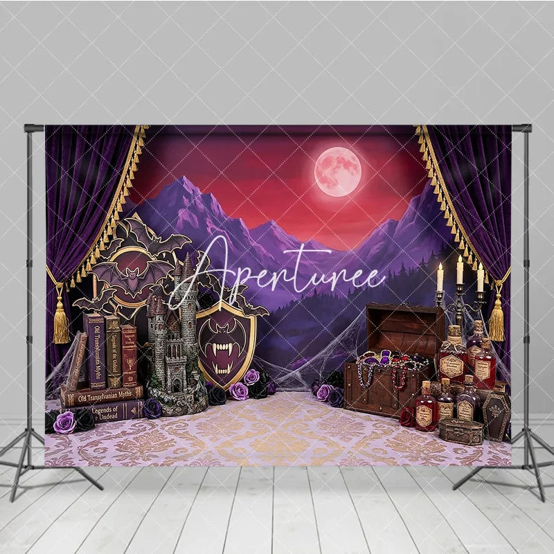 Aperturee - Aperturee Purple Gothic Castle Full Moon Photography Backdrop Vampire Halloween Party Decor with Bats and Treasure Chest
