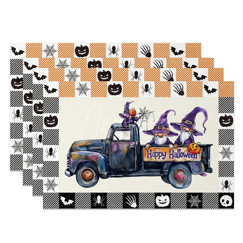 Aperturee - Aperturee Purple Halloween Gnome Truck Set of 4 Placemats with Plaid Border for Fun and Spooky Farmhouse Decor