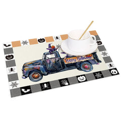 Aperturee - Aperturee Purple Halloween Gnome Truck Set of 4 Placemats with Plaid Border for Fun and Spooky Farmhouse Decor
