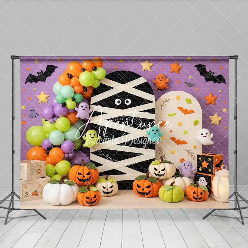 Aperturee - Aperturee Purple Halloween Photography Backdrop with Mummy Cute Ghosts Jack-o’-Lanterns and Balloons Autumn Party Decor