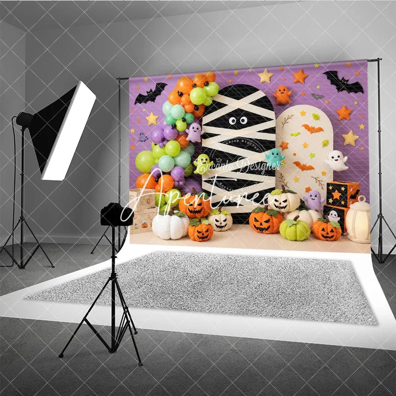 Aperturee - Aperturee Purple Halloween Photography Backdrop with Mummy Cute Ghosts Jack-o’-Lanterns and Balloons Autumn Party Decor
