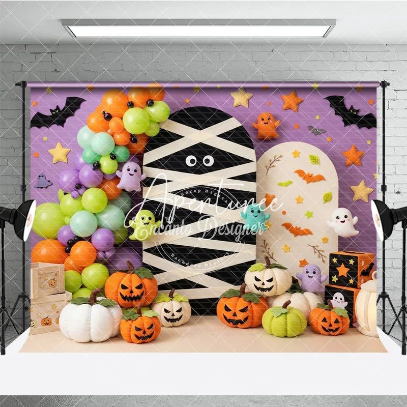 Aperturee - Aperturee Purple Halloween Photography Backdrop with Mummy Cute Ghosts Jack-o’-Lanterns and Balloons Autumn Party Decor