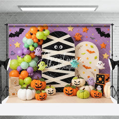 Aperturee - Aperturee Purple Halloween Photography Backdrop with Mummy Cute Ghosts Jack-o’-Lanterns and Balloons Autumn Party Decor