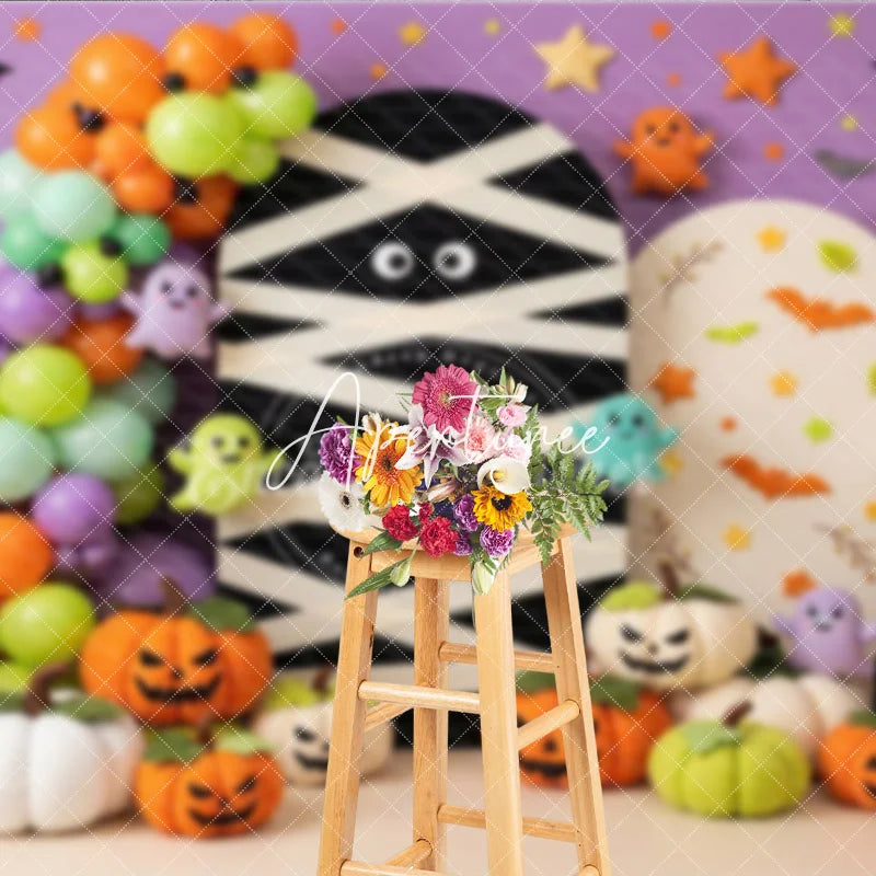 Aperturee - Aperturee Purple Halloween Photography Backdrop with Mummy Cute Ghosts Jack-o’-Lanterns and Balloons Autumn Party Decor