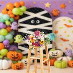 Aperturee - Aperturee Purple Halloween Photography Backdrop with Mummy Cute Ghosts Jack-o’-Lanterns and Balloons Autumn Party Decor