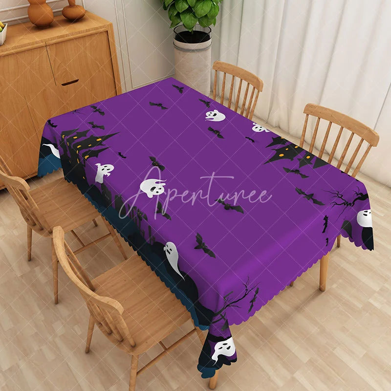 Aperturee - Aperturee Purple Halloween Rectangle Tablecloth with Black Bats and Ghosts for Spooky Night Party Decorations