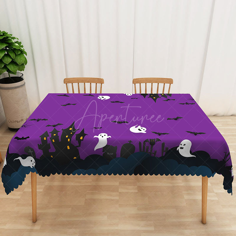 Aperturee - Aperturee Purple Halloween Rectangle Tablecloth with Black Bats and Ghosts for Spooky Night Party Decorations