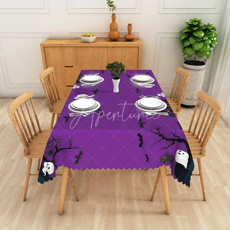 Aperturee - Aperturee Purple Halloween Rectangle Tablecloth with Black Bats and Ghosts for Spooky Night Party Decorations