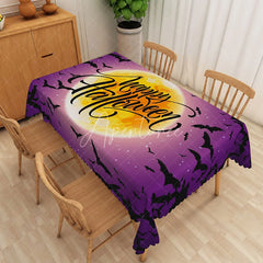 Aperturee - Aperturee Purple Halloween Rectangle Tablecloth with Black Moon and Bats for Spooky Night and Gothic Party Decor
