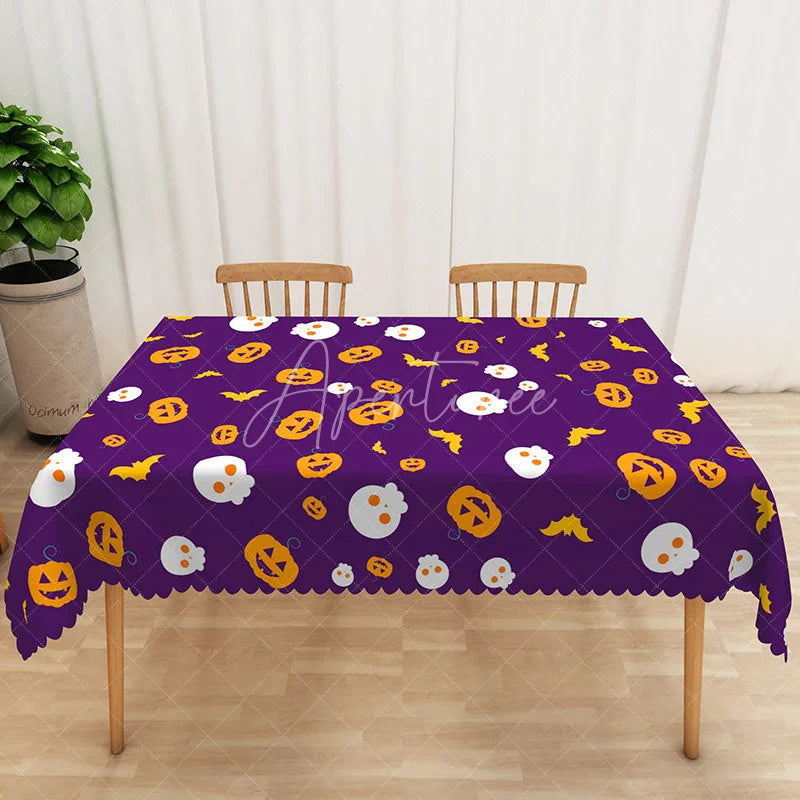 Aperturee - Aperturee Purple Halloween Rectangle Tablecloth with Pumpkins Skulls and Bats for Spooky Party Decor