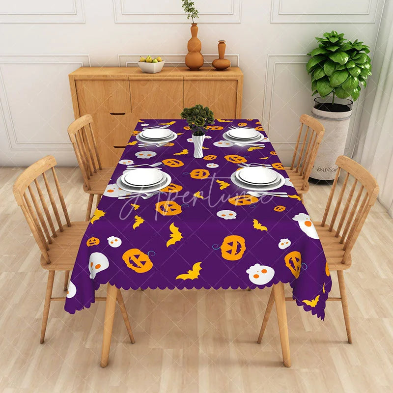 Aperturee - Aperturee Purple Halloween Rectangle Tablecloth with Pumpkins Skulls and Bats for Spooky Party Decor
