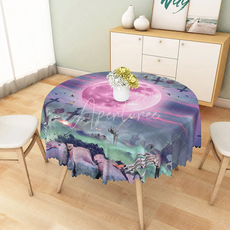 Aperturee - Aperturee Purple Halloween Round Tablecloth with Full Moon and Graveyard for Spooky and Gothic Party Decor