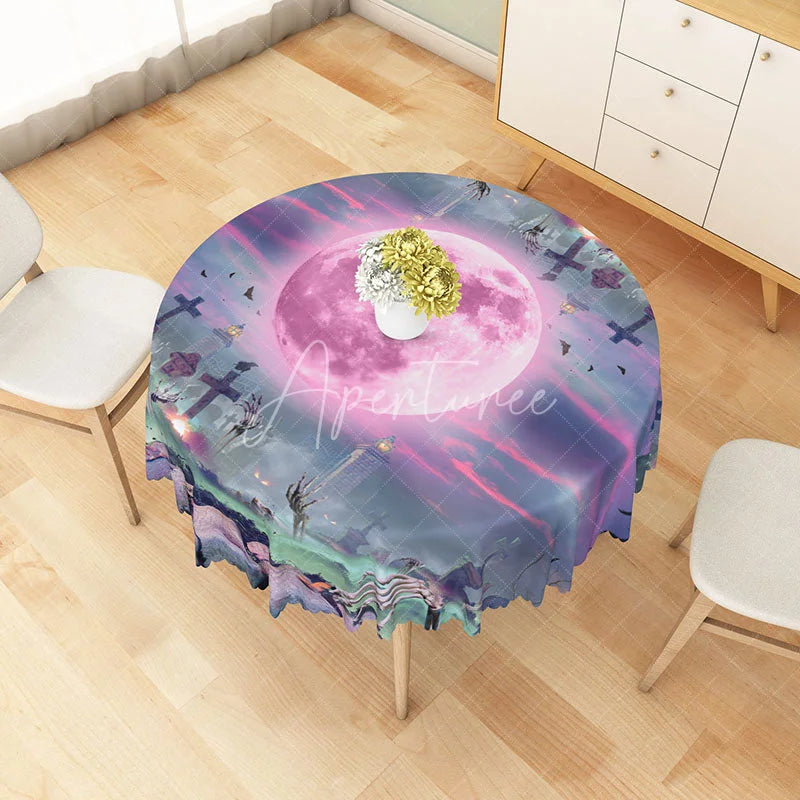 Aperturee - Aperturee Purple Halloween Round Tablecloth with Full Moon and Graveyard for Spooky and Gothic Party Decor