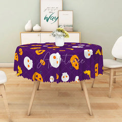Aperturee - Aperturee Purple Halloween Round Tablecloth with Jack-o’-Lanterns and Skulls for Spooky and Fun Party Decor