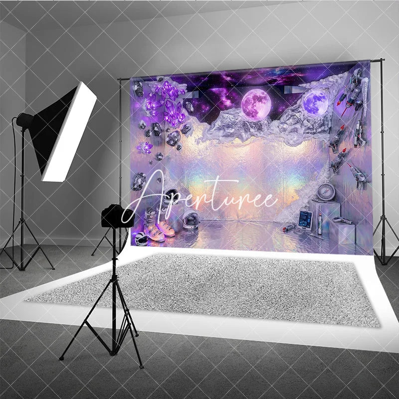 Aperturee - Aperturee Purple Holographic Iridescent Space Galaxy Photography Backdrop Luminous Moons and Crystals Futuristic Sci-fi Theme