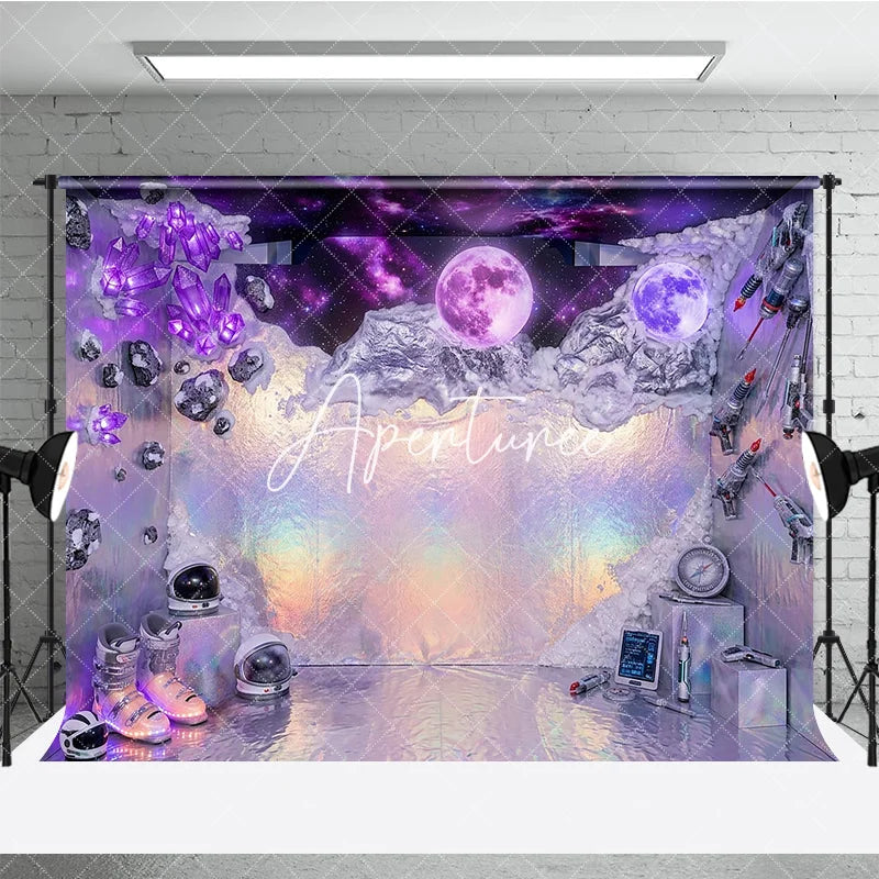 Aperturee - Aperturee Purple Holographic Iridescent Space Galaxy Photography Backdrop Luminous Moons and Crystals Futuristic Sci-fi Theme