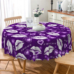 Aperturee - Aperturee Purple Lip I Love You Round Tablecloth Kiss Mark Heart Pattern Table Cover for Date Night