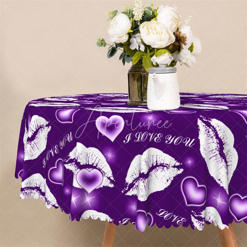 Aperturee - Aperturee Purple Lip I Love You Round Tablecloth Kiss Mark Heart Pattern Table Cover for Date Night