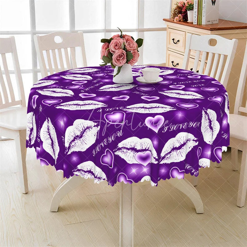 Aperturee - Aperturee Purple Lip I Love You Round Tablecloth Kiss Mark Heart Pattern Table Cover for Date Night