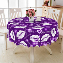 Aperturee - Aperturee Purple Lip I Love You Round Tablecloth Kiss Mark Heart Pattern Table Cover for Date Night